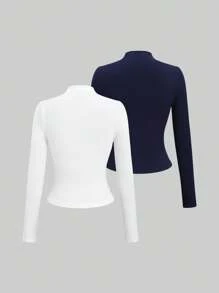 Sweetra Y2K Style Solid Color Mock Neck Ruched Long Sleeve Fitted T-Shirt Fall Cloth For Women - Multicolor - View 2