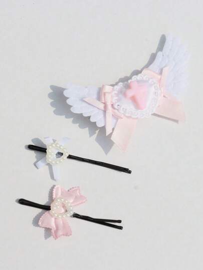 Anime 3pcs Winged Bow Cross Hair Clips Set, Cute Girl Headwear, Anime Kawaii Style Soft Girl Hair Accessories, Pink
