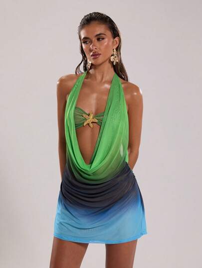 SHEIN BAE 女士性感度假沙滩装夏季装摇摆音乐节装领绿色渐变印花夏季西米裙