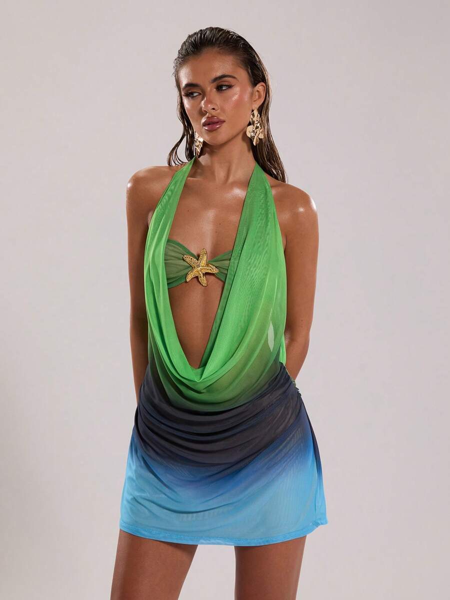 SHEIN BAE 女士性感度假沙滩装夏季装摇摆音乐节装领绿色渐变印花夏季西米裙 - 藍色 - 查看 1