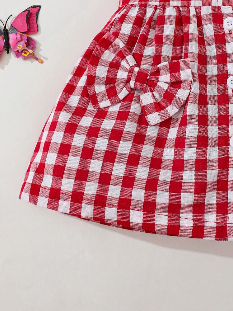 SHEIN Vintaside Kids فستان بناتي كاجوال قابل للارتداء في أي مكان مع أكمام قصيرة على شكل مربعات، مناسب للاستخدام في الخارج أو في المنزل اليومي - الأحمر - مشاهدة 7