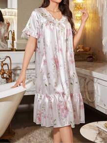 仿丝花卉印花蝴蝶结装饰 V 领荷叶边下摆睡裙娃娃装女士奢华家居服 - 粉色 - 查看 5