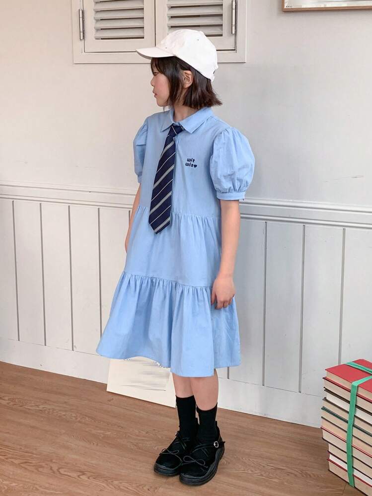 DAZY Tween Girl Peter Pan Collar Pleated Short Sleeve Dress, School Style, Summer,Back To School Clothes - Blue - View 4