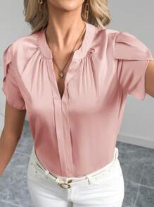 SHEIN Clasi Camicia/blusa elegante di colore unito in raso con maniche a petalo e scollo a V, per primavera/estate, stile "Old Money" - Rosa Baby - Visualizzare 4