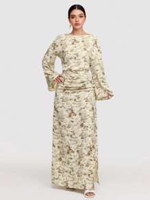 Veilorie 2 件套女士简约时尚休闲长袖上衣和裙子套装，适合日常穿着 - 黃色 - 查看 4