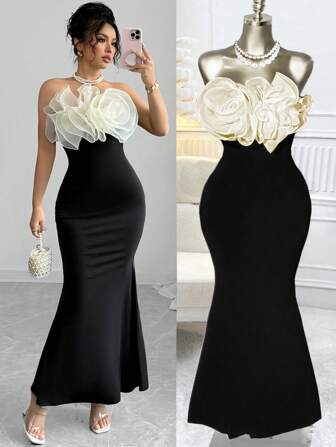  Vestido largo nuevo 2025 para mujer Rafferiza, diseño elegante y romántico con flores de chifón y organza 3D, ideal para invitadas de boda, fiesta, concierto o cita, con tela elástica de alta calidad.