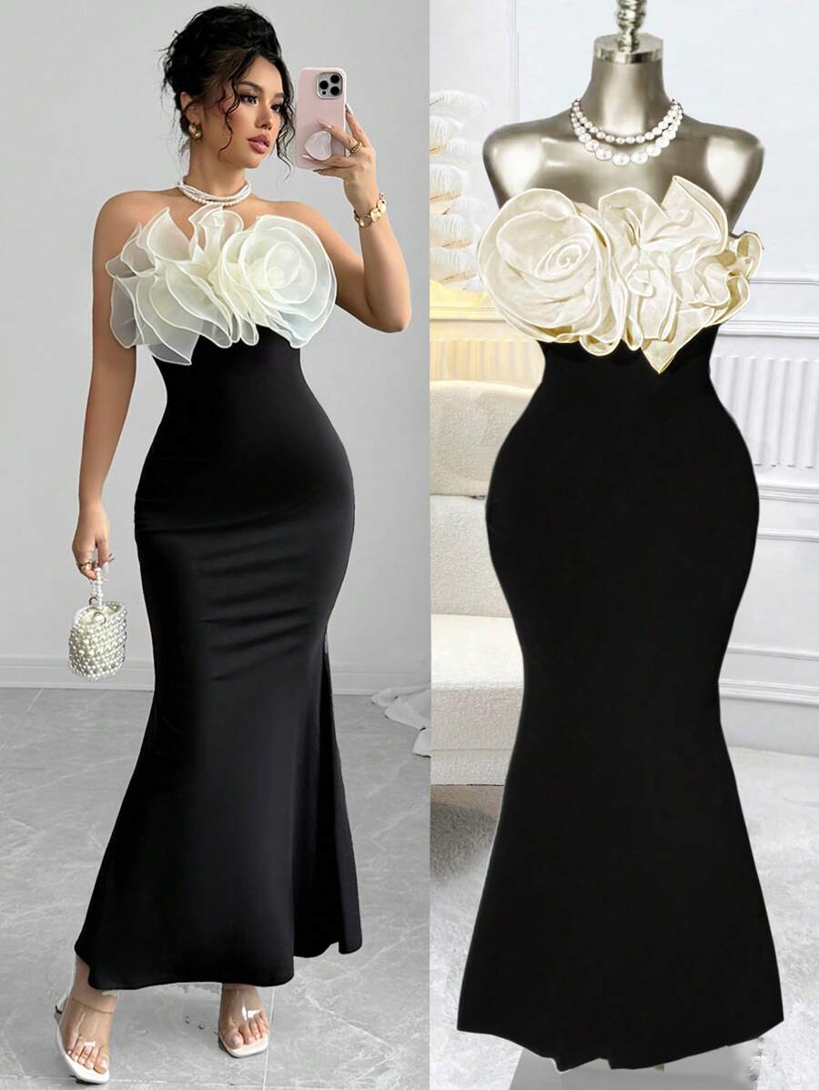 Rafferiza Women's Romantic Elegant 3D Floral Chiffon Organza Flowers Wedding Guest High Elastic Fabric Birthday Dresses Evening Dress Tube Concert Outfit Bandeau Fishtail Party/Holiday/Date 2025 New Long Dress - Black - View 1