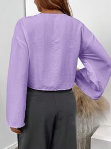 INAWLY Camisa de mujer con cuello en V púrpura, de manga larga y con lazo delantero, primavera - Púrpura malva - Ver 2