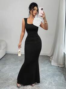 Rafferiza Women's Solid Color Splice Ruched Waist Mermaid Elegant Long Dress - Black - View 1