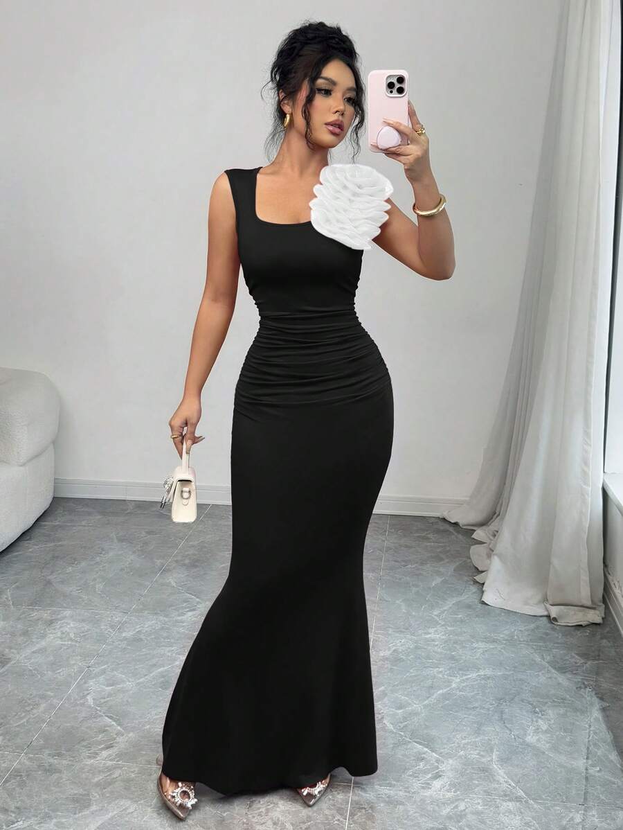 Rafferiza Women's Solid Color Splice Ruched Waist Mermaid Elegant Long Dress - Black - View 1
