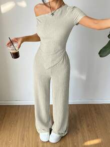 Flirla 2 pezzi/set, maglietta casual asimmetrica al collo + pantaloni a vita bassa a gamba ampia, abbigliamento da relax