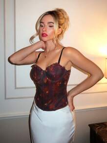 Glamine Sexy Mesh Print Underwire Fishbone Ruffle Hem Camisole Top For Women - Multicolor - View 5