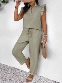 SHEIN Frenchy Set de 2 piezas de ropa casual para mujer de talla grande, que incluye una camisa de manga corta y pantalones de unicolor