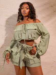 SHEIN SXY Plus Size Women's Green Solid Color Waist-Tie Cargo Pocket Casual Shorts With Free Belt, Elegant For Spring/Summer Dating, Club, Valentine's Day, Wedding - Green - View 12