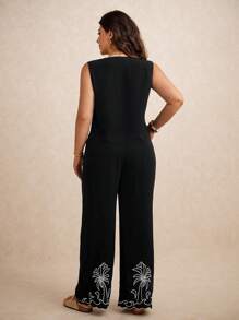 Elaquor 2 件套大码花卉刺绣背心和裤子休闲度假套装 - 黑色 - 查看 6