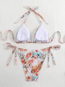 Swim Mod 2pcs Plus Size Women Leopard & Floral Print Bikini Swimwear Set, Suitable For Beach Vacation In Summer - Multicolor - View 2