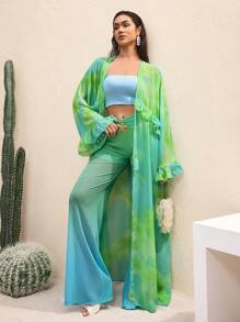 BY FELIZIA 蓝绿色渐变雪纺印花荷叶边垂坠袖和服连衣裙波西米亚风度假连衣裙女式夏季长裙 - 彩色 - 查看 3