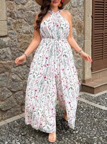 SHEIN VCAY Plus Size Floral Print Halter Jumpsuit For Holiday & Casual Wear - Beige - View 6