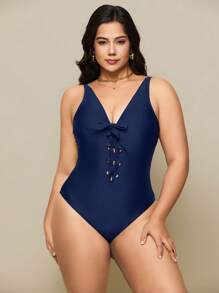 SHEIN Swim Plus Size Women's Minimalist Daily Beach Front Tie Decor Adjustable Strap One-Piece Swimsuit, Summer - Navy Blue - View 6