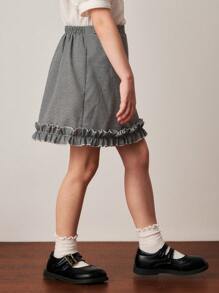 PrepCrw Young Girls' Academy Style Black & White Houndstooth Print Ruffle Hem Mini Skirt, Spring/Summer - Black and White - View 5