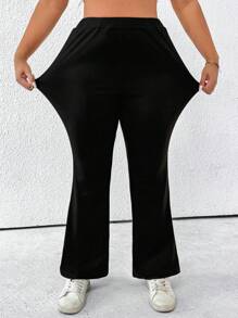 SHEIN PETITE Plus Size & Petite Women Casual Elegant Commuter Knit High Waist Stretchy Fitted Flare Pants - Black - View 3