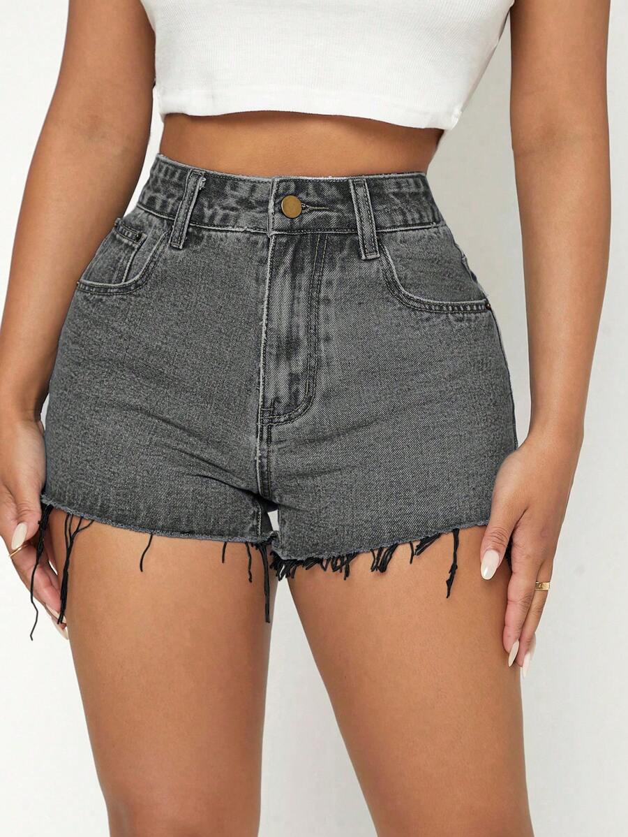 SHEIN PETITE High Rise Curve Denim Shorts In Black With Frayed Hem - Grey - View 1