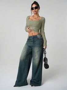 SHEIN ICON 女士纯色长袖简约罗纹休闲 Y2K 方领假日雪地女士米色舒适上衣，日常穿着 - 軍綠色 - 查看 6