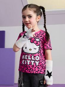 HELLO KITTY AND FRIENDS | SHEIN 少女卡通蝴蝶结豹纹可爱甜美休闲百搭短袖T恤夏季 - 彩色 - 查看 3