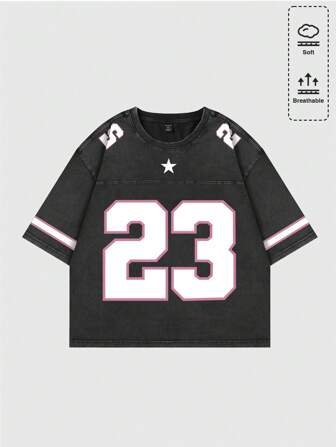 Prep Camiseta suelta de manga corta con estampado lavada para hombre, camiseta deportiva