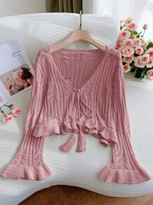 SHEIN Privé Plus Size Women's Casual Loose Bohemian Hollow Out Knit Cardigan, Tasseled Crochet Beach Coverup, Spring/Summer In Fall/Winter - Pink - View 1