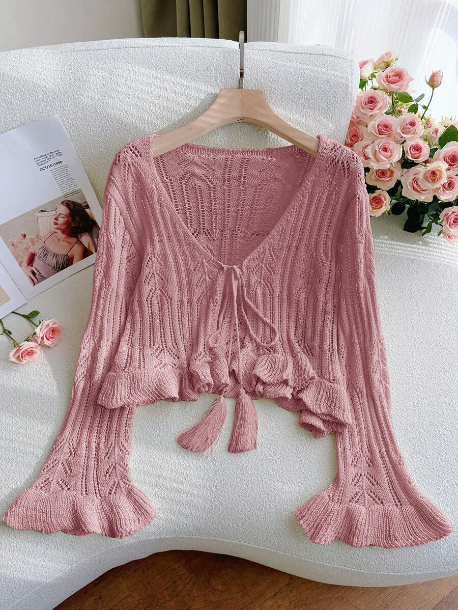 SHEIN Privé Plus Size Women's Casual Loose Bohemian Hollow Out Knit Cardigan, Tasseled Crochet Beach Coverup, Spring/Summer In Fall/Winter - Pink - View 1