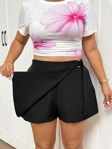 SHEIN Frenchy Plus Size Plain Simple Design Shorts, Fashionable For Summer - Black - View 3