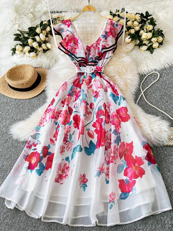 DreamSkyne 大码女式畅销波西米亚花卉印花 V 领灯笼袖收腰宽松中长连衣裙，配有可拆卸腰带和纽扣装饰，春夏