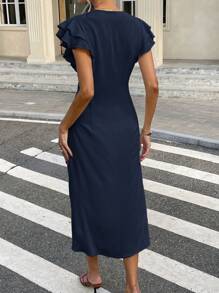 Serisse 女式简约法式优雅腰部收腰迷你盖袖连衣裙 - 藏蓝色 - 查看 2