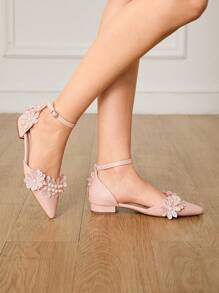 CUCCOO HITCHD 女士尖头舒适可爱珍珠花朵图案婚礼派对粉色平底芭蕾鞋 - 粉色 - 查看 8