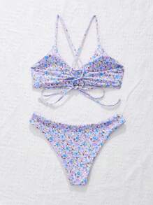 Swim Mod Women's Summer Beach Ditsy Floral Sexy Bikini Swimwear Set, Non-Wired - Mauve Purple - View 2