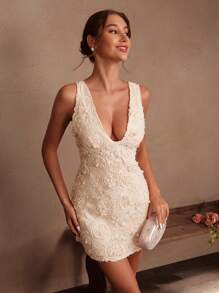 Savoree Beaded Pearl & Floral Embroidered Dress, Elegant, Modest, Suitable For Summer, Festivals, Graduations, Wedding Guests - Apricot - View 1