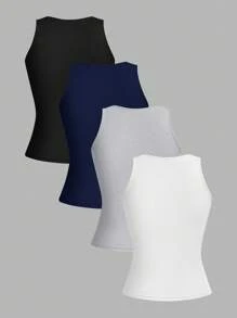 SHEIN EZwear 4 件套女士性感短款紧身背心，黑色、藏青色、碎花灰和白色，适合夏季 - 彩色 - 查看 2