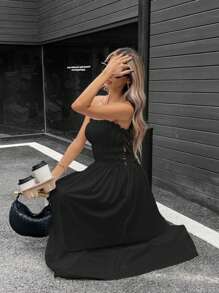 SHEIN Essnce 女士纯色荷叶边下摆夏季无袖连衣裙 - 黑色 - 查看 4