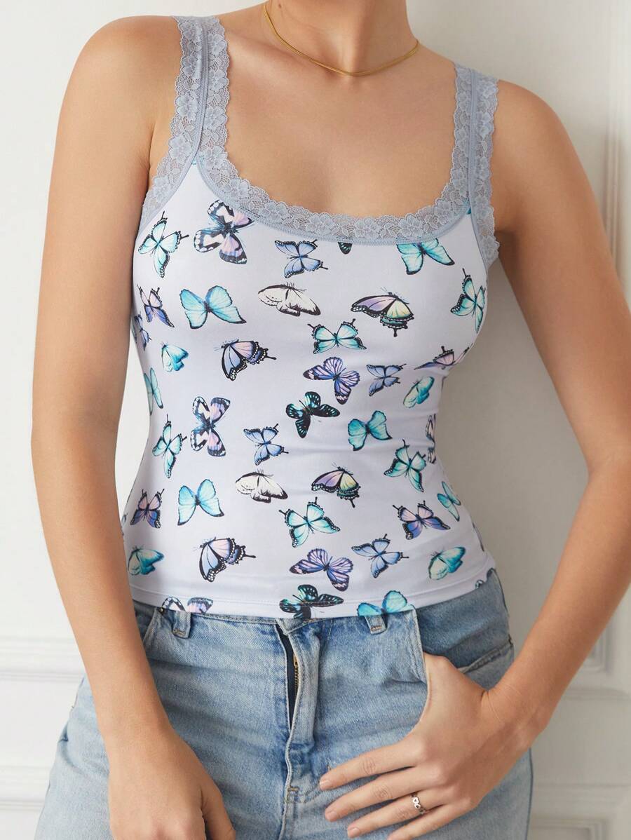 Comfortable Lace Patchwork Camisole For Women, Fashion Design - Medium Wash - View 1