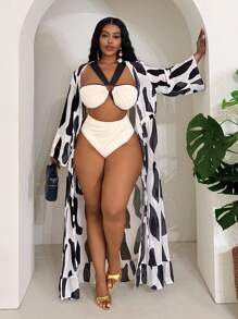 Slaydiva Plus Size Women's Vacation Colorblock Swimsuit With Sheer Cover Up, 3 Piece Set - Multicolor - View 7