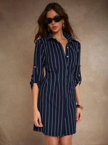 COSMINA Women's Striped Print Button Up Mini Casual Dress With Roll Up Sleeves - Camel - View 5