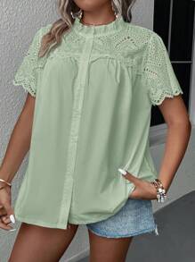 SHEIN Clasi Áo kiểu nữ cỡ lớn, màu trơn, chất liệu ren móc, thêu họa tiết, thích hợp cho kỳ nghỉ hè. Áo kiểu nữ mùa hè, áo kiểu nữ mùa xuân, áo kiểu nữ mùa hè, áo kiểu nữ mùa hè. - Màu xanh Bạc hà - Xem 4