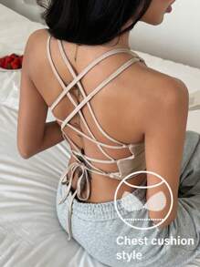 DAZY Sexy Solid Backless Design Racerback Camisole Tank Top For Women With Built-In Pads - Khaki - View 2