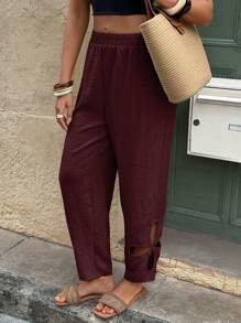 LanaWest Women's Bohemian Linen Vacation Style Loose Pants - Burgundy - View 5