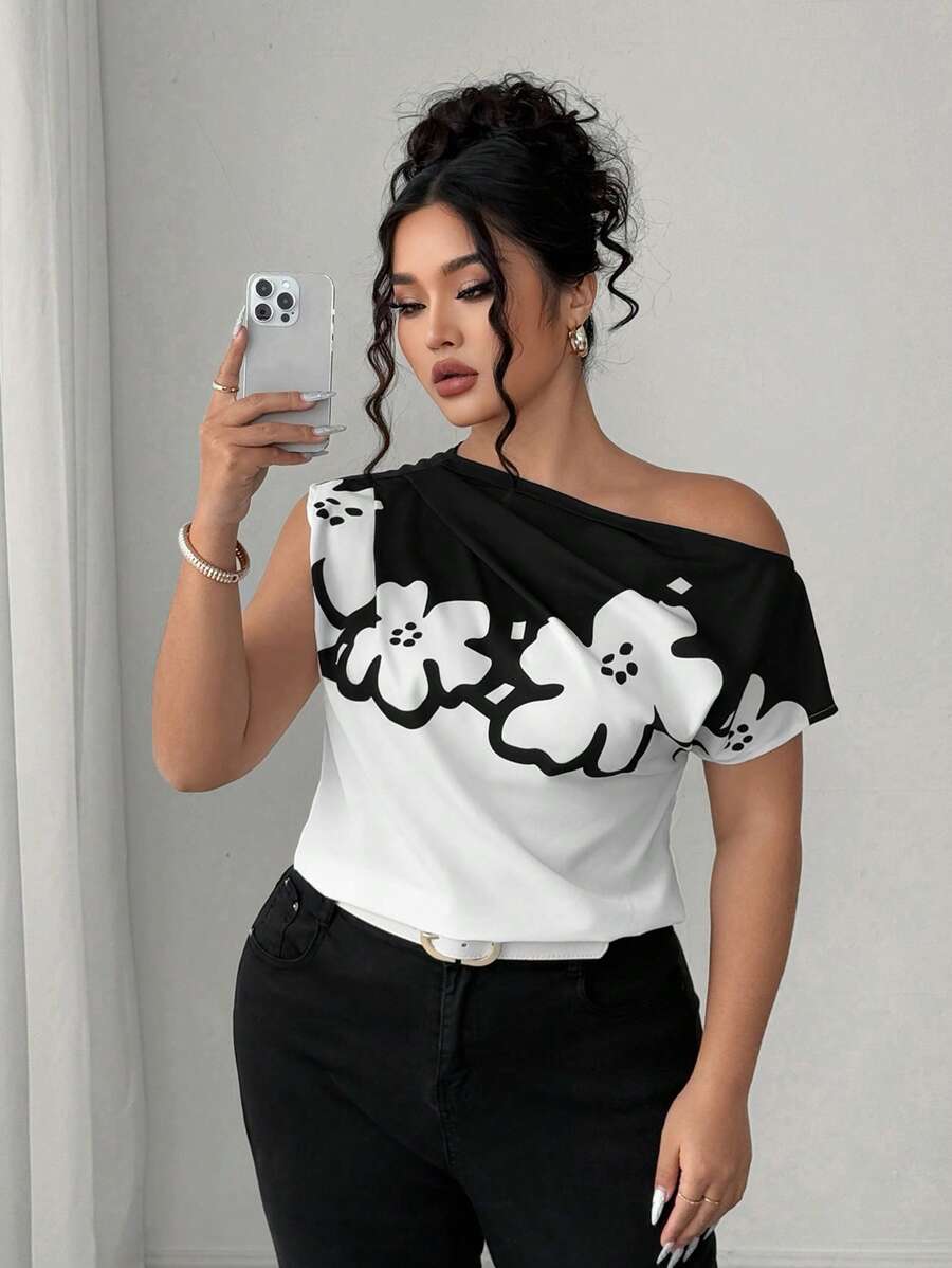 Elenzga Plus Size Asymmetric Collar Elegant Short Sleeve Printed Shirt