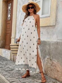 SHEIN VCAY 女士花卉印花系带长款海滩连衣裙 - 杏色 - 查看 6