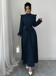 Lyxana 女士纯色荷叶边前扣长袖休闲长款收腰连衣裙长款女装