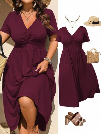 Rometta Pure Elegant Casual V-Neck Pleated Design Short Sleeve Knitted Plus Size Women Dress, New Arrival