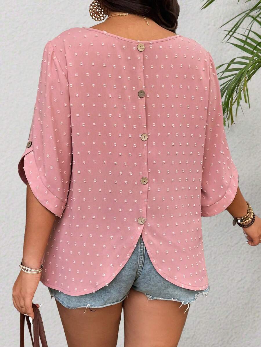 SHEIN LUNE Plus Size Pom-Pom Embroidered Asymmetrical Hem Round Neck Back Slit Button Decor Casual Vacation Shirt - Coral Pink - View 1